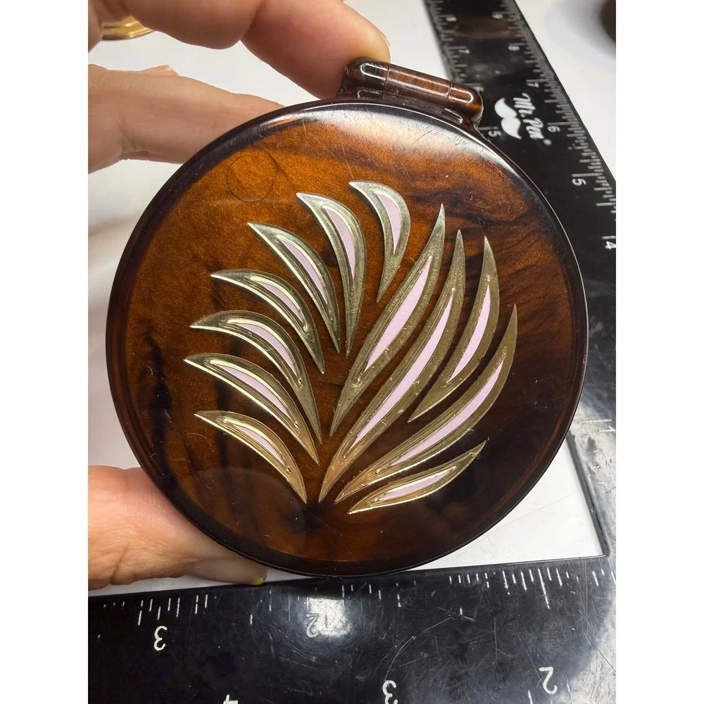 Vintage CornSilk Faux Tortoise Shell Pressed Powder Compact Gold Leaf Inlay